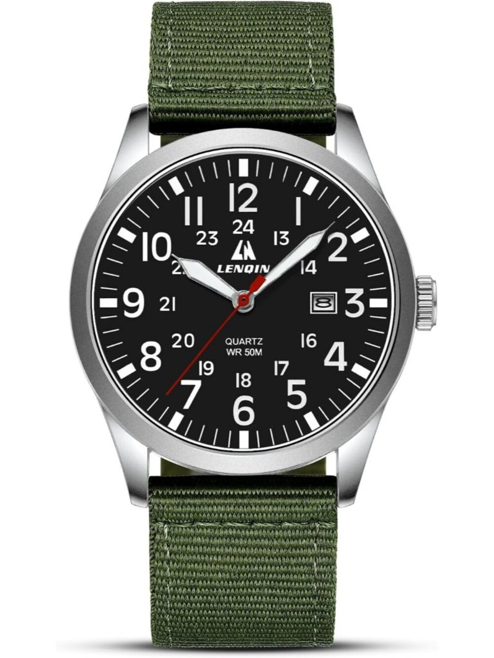Men's Silver Green Nylon Strap Stylish Luminous Unisex Military Tactical Watch